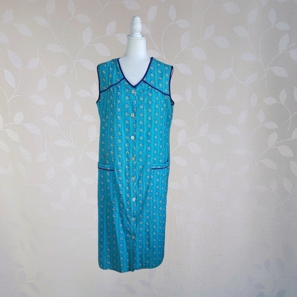 Vintage Cottagecore Floral Button Front Midi Dress Cerulean Blue Cotton V-Neck - Picture 2 of 15